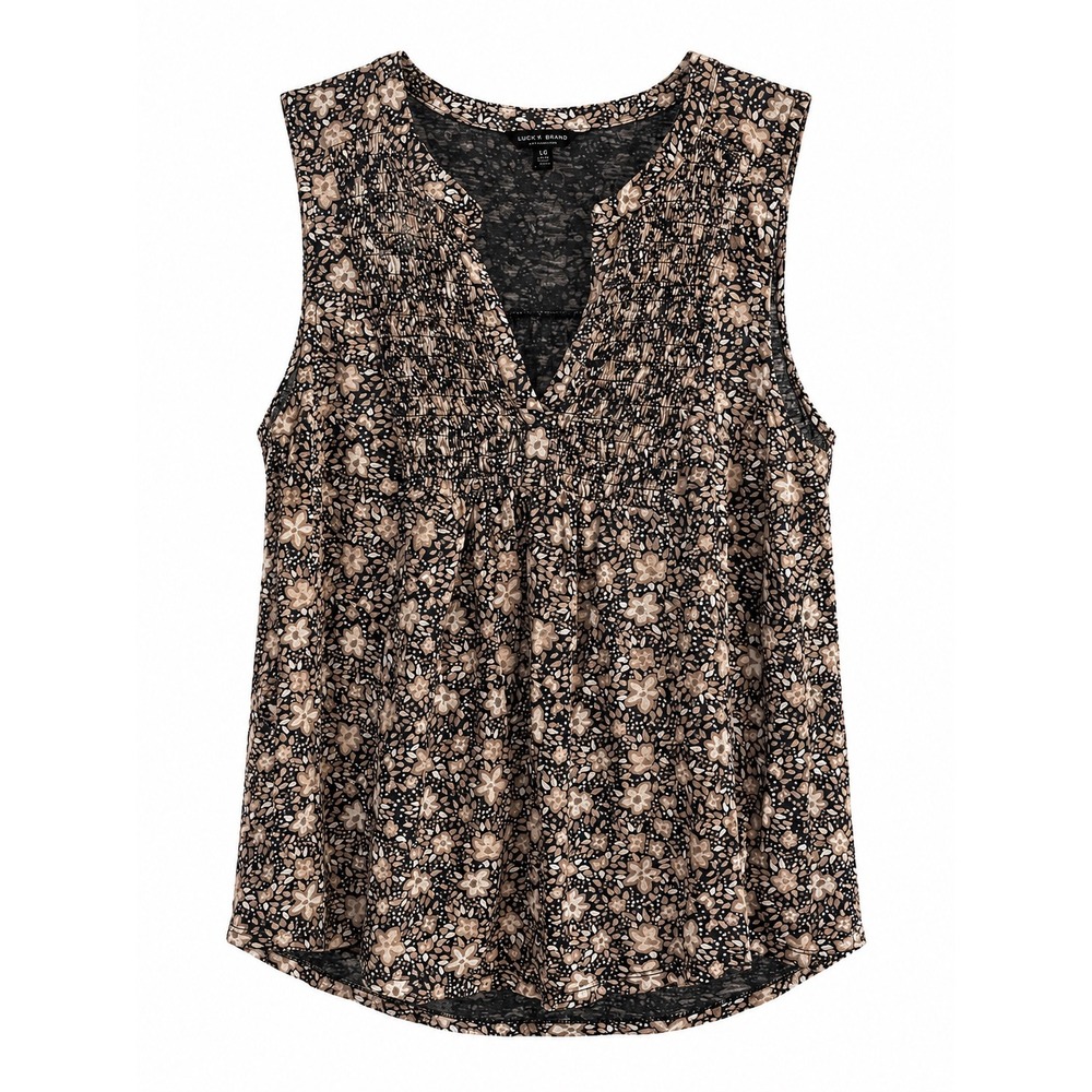 Lucky Brand Floral Tank Top Large Smocked V Neck Cotton Modal Blouse